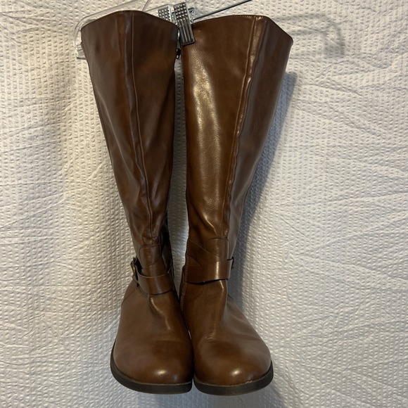 Style Womens Brown Leather Round Toe Pull On Mid-Calf‎ Riding Tall Boots Sz 7.5 - Picture 1 of 8